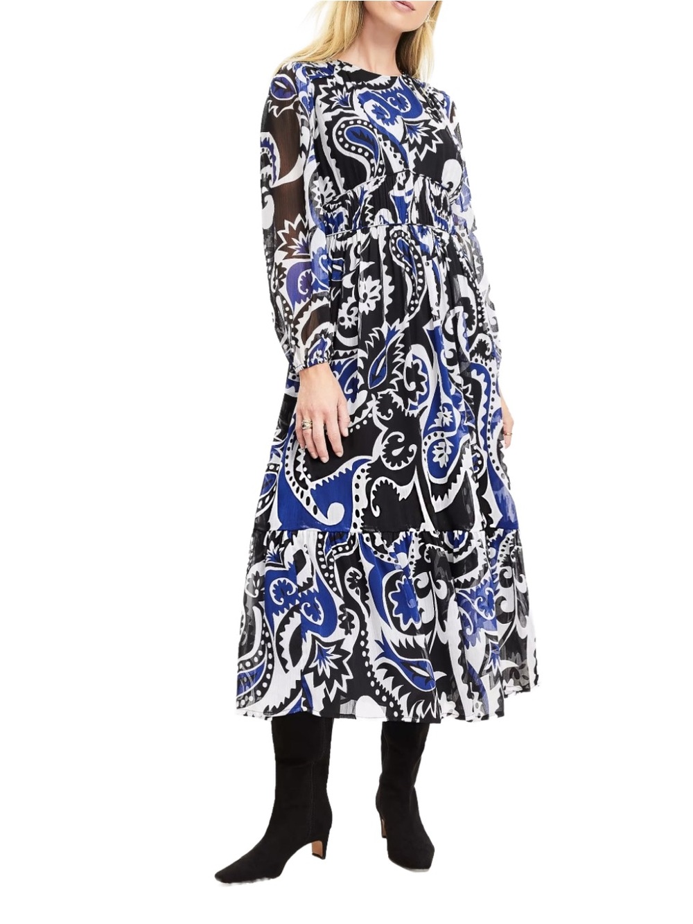 LOFT Black White & Blue Petite Paisley Shirred Flounce Midi Dress Size 12